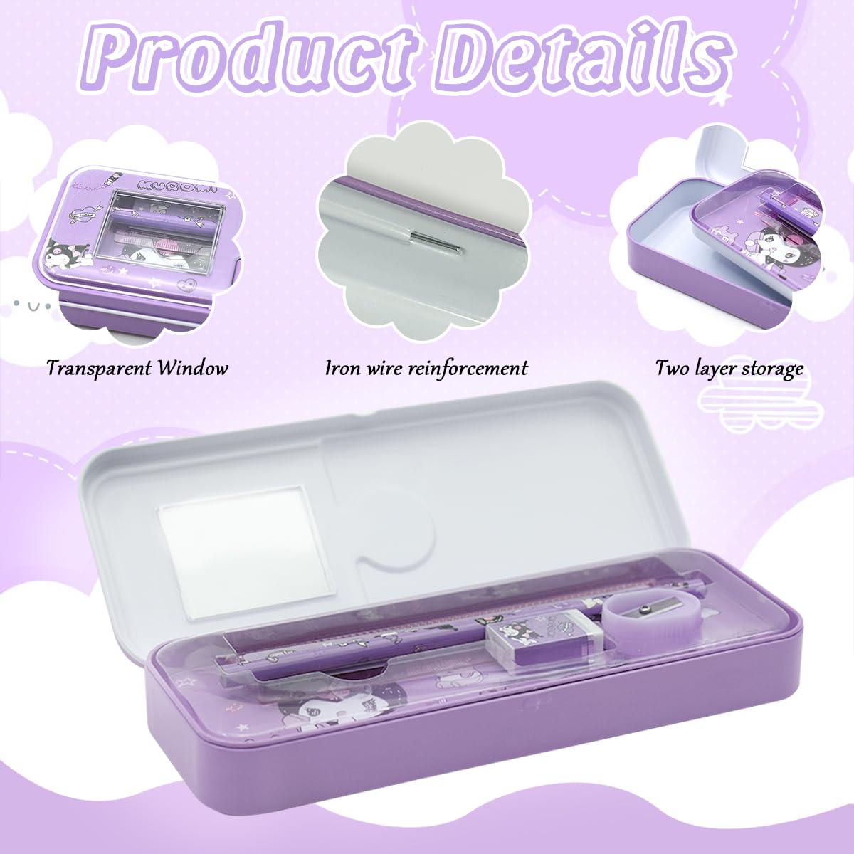 Climberty Kuromi Cartoon Pencil Box with Sharpener & Eraser - Double Layer Metal Purple Kuromi Pencil Box, Ideal for School & Birthday Gifts, Cartoon Pencil Childeren's Day Birthday Gift (Purple) Climberty Kuromi Cartoon Pencil Box with Sharpener & Eraser - Double Layer Metal Purple Kuromi Pencil Box, Ideal for School & Birthday Gifts, Cartoon Pencil Childeren's Day Birthday Gift (Purple)